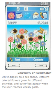 UbiFit display on a cell phone. Different colored flowers grow for different activities, and butterflies appear when the user reaches weekly goals.