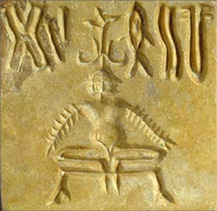 Examples of the Indus script. The four square artifacts with animal and human iconography are stamp seals that measure one or two inches per side. On the top right are three elongated seals that have no iconography, as well as three miniature tablets (one twisted). The tablets measure about 1.25 inches long by 0.5 inches wide. 